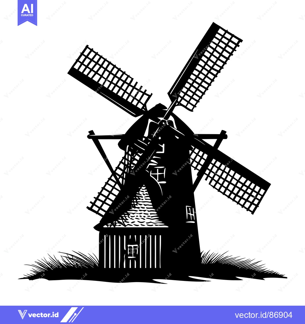 Premium Vector of Black and White Silhouette of a Traditional Windmill
