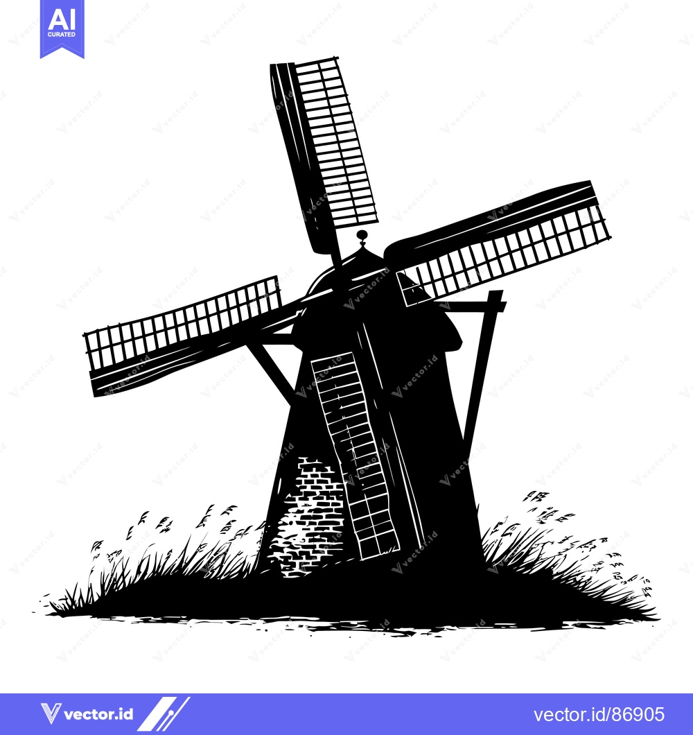 Premium Vector dari Black and White Silhouette of a Traditional Windmill in a Field