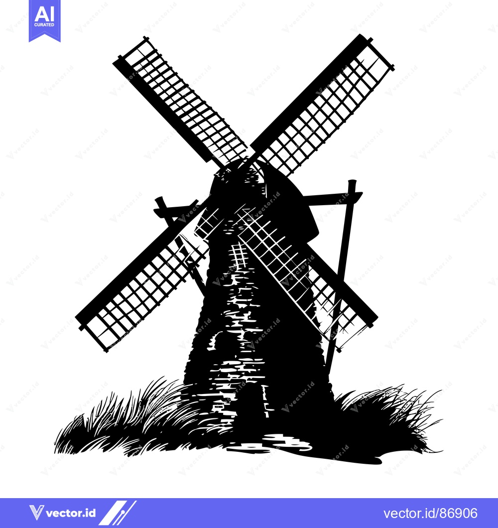 Premium Vector dari Black and White Silhouette of a Windmill in a Field