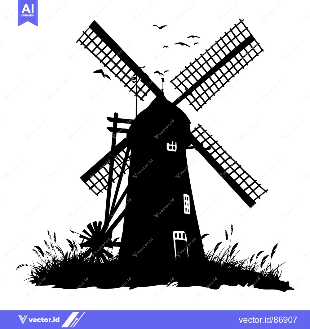 Premium Vector dari A Black and White Silhouette of a Windmill in a Field of Grass