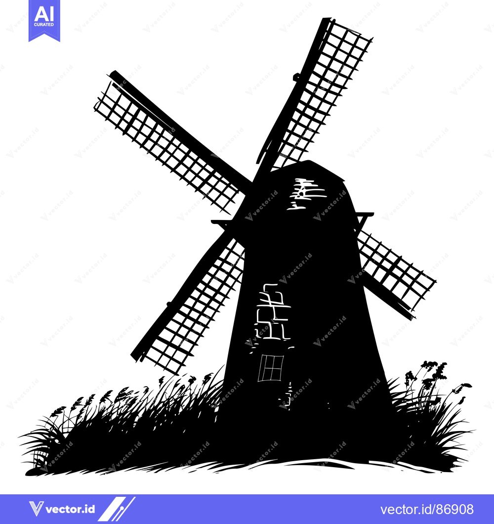 Premium Vector dari Black and White Silhouette of a Windmill with Grass