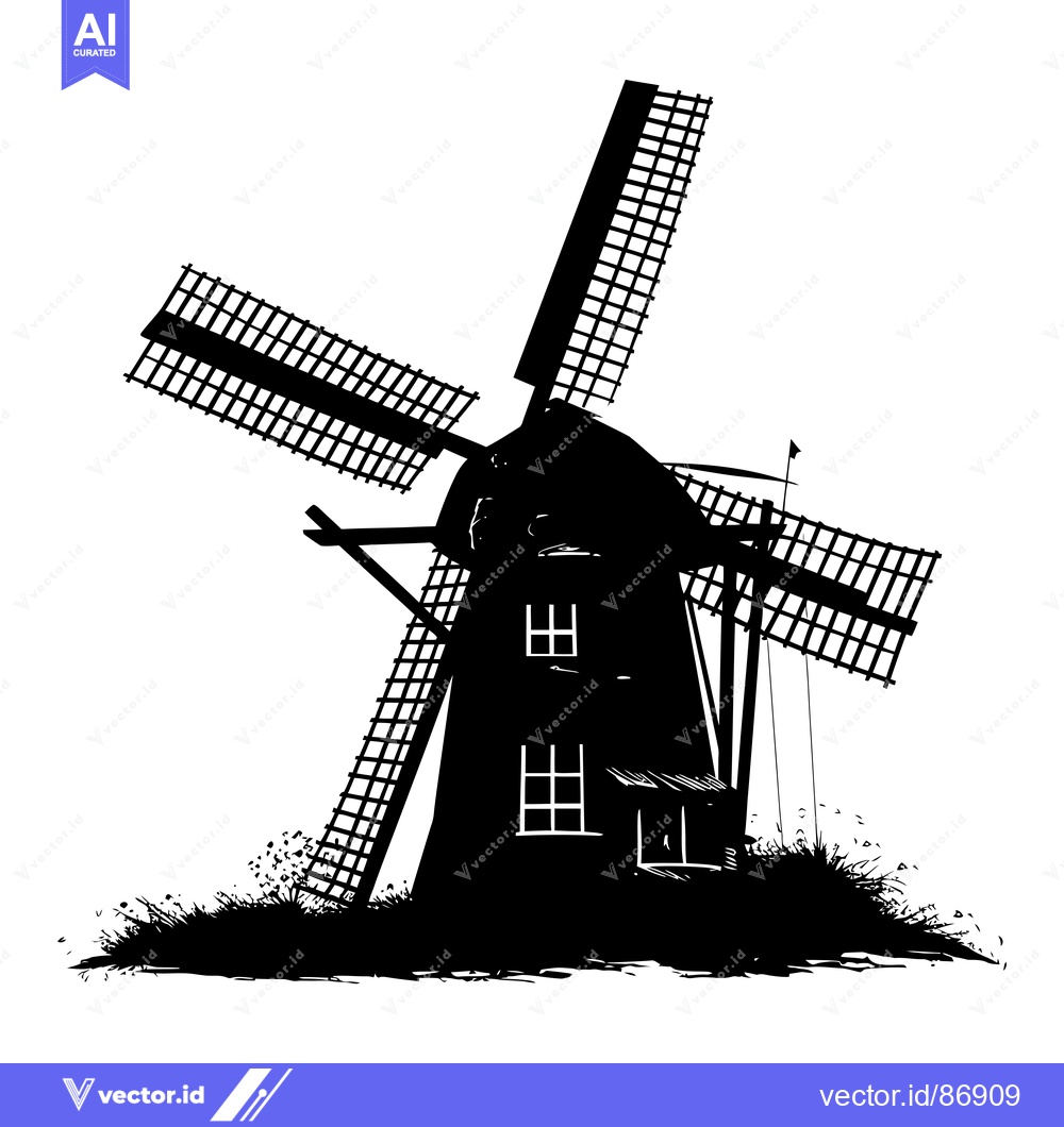 Premium Vector dari Black and White Silhouette of a Windmill with Blades
