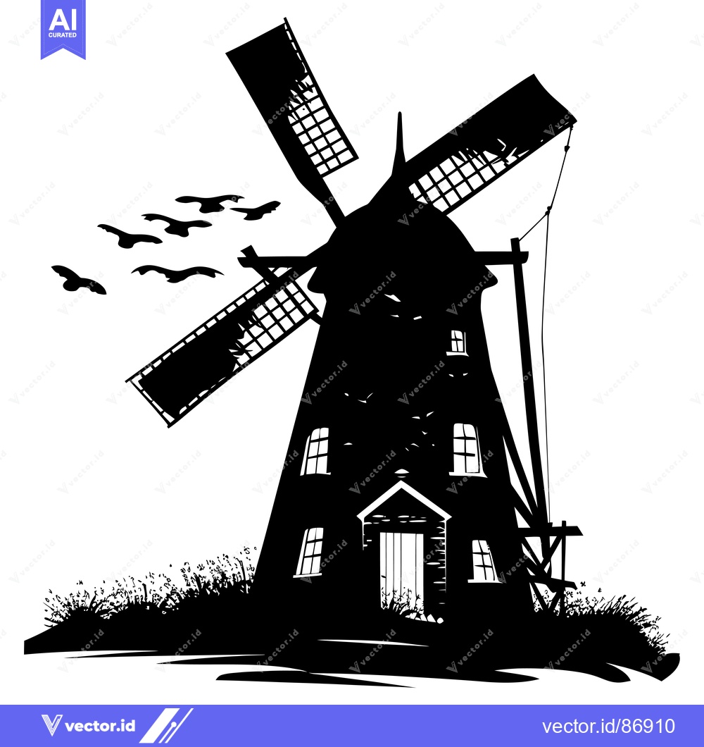 Premium Vector dari Black and White Silhouette of a Windmill with Flying Birds