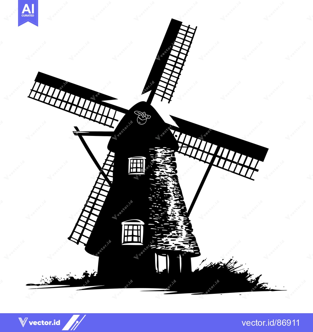 Premium Vector dari Black and White Silhouette of a Windmill with Blades