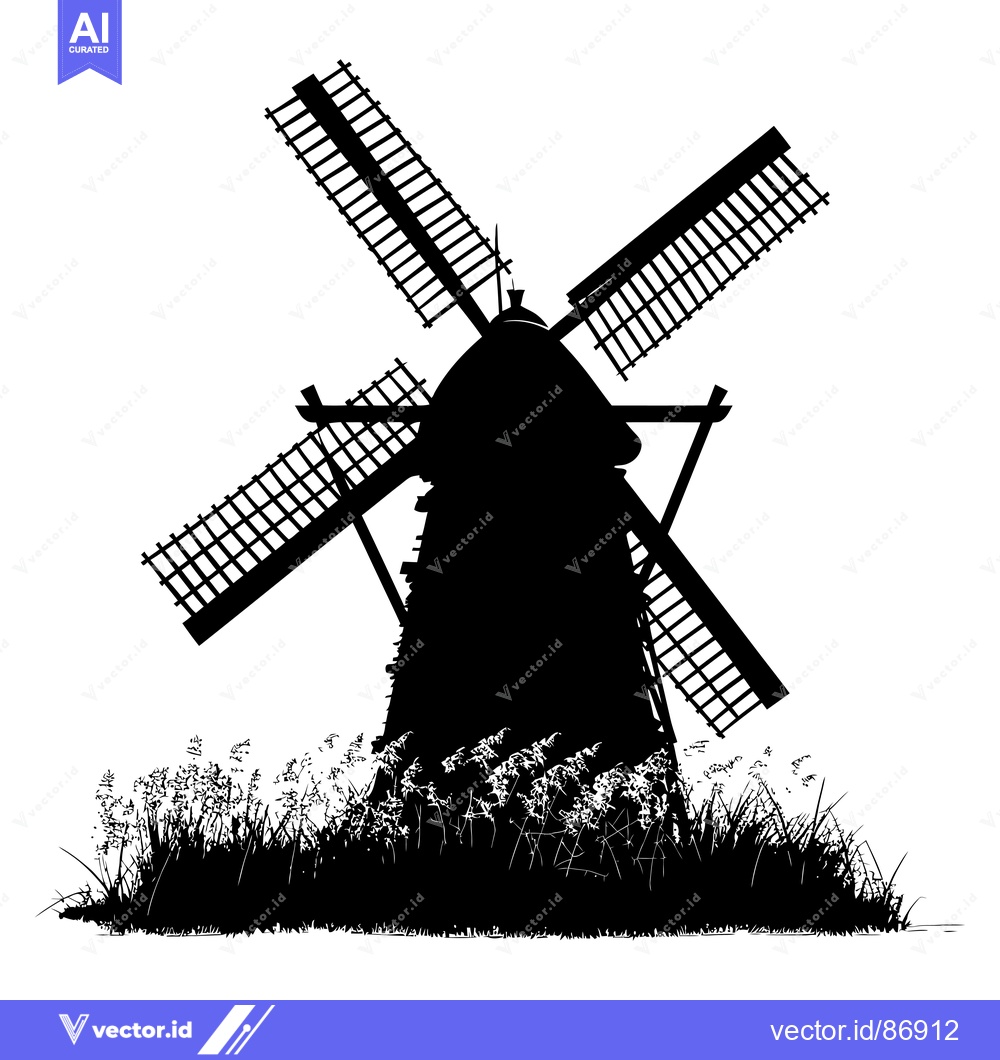 Premium Vector dari Black and White Silhouette of a Windmill with Grass