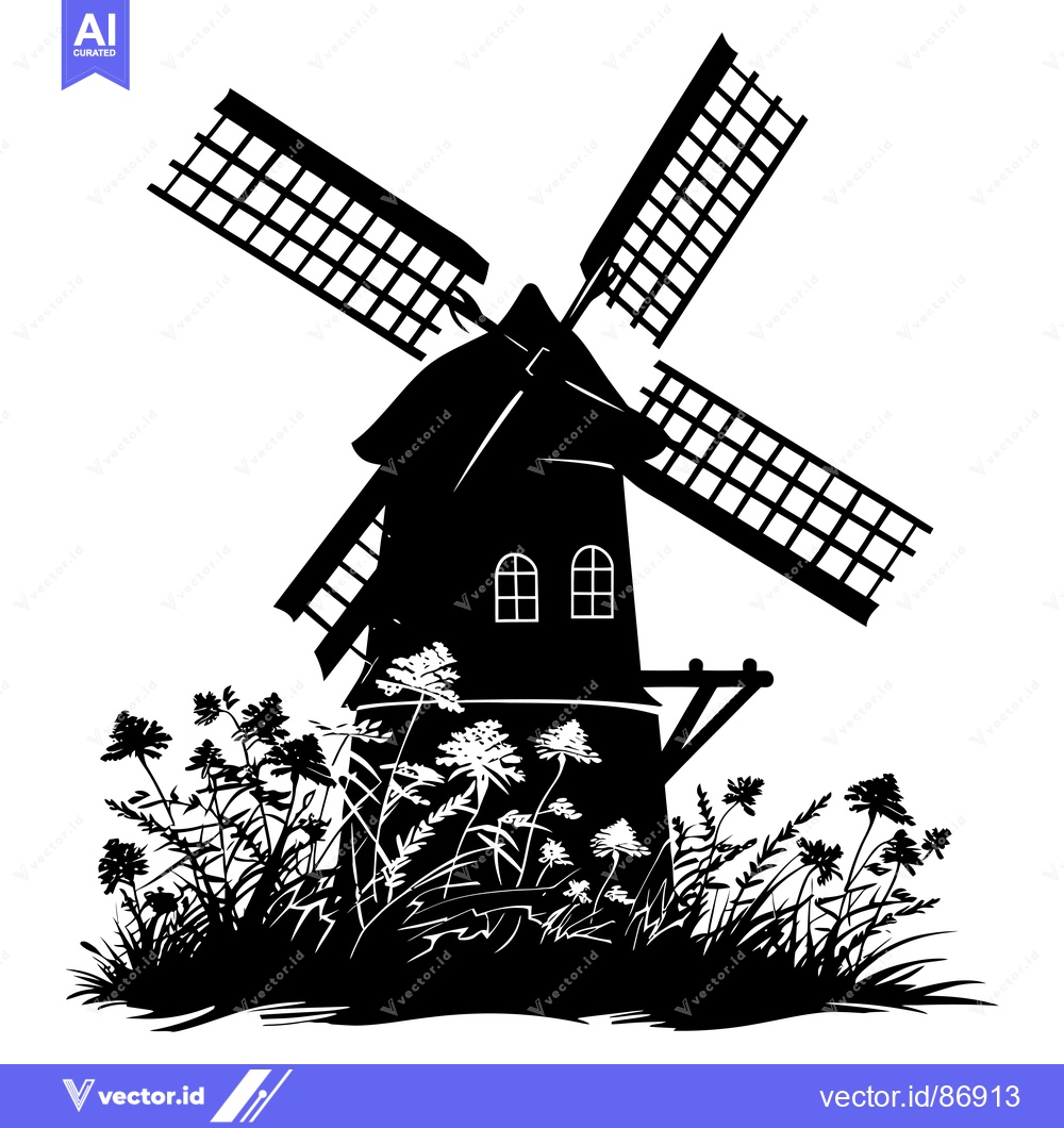 Premium Vector of Black and White Silhouette of a Windmill in a Field of Flowers