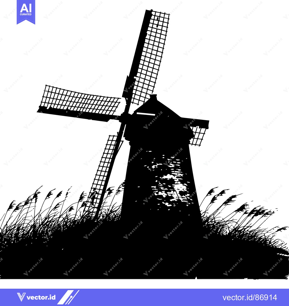 Premium Vector of Silhouette of a windmill with blades standing tall against a white bac