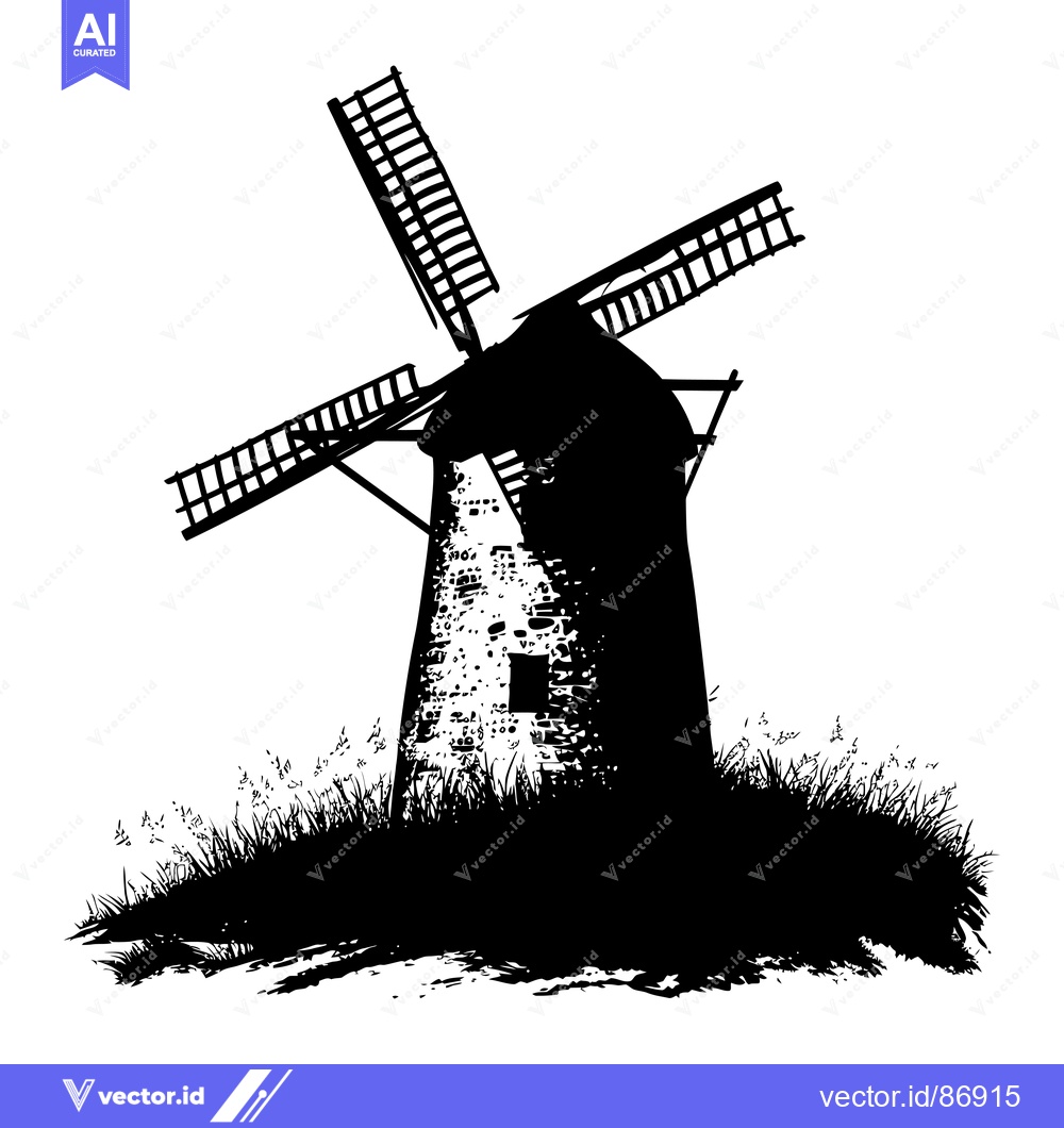 Premium Vector dari Black and White Silhouette of a Windmill in a Field of Grass