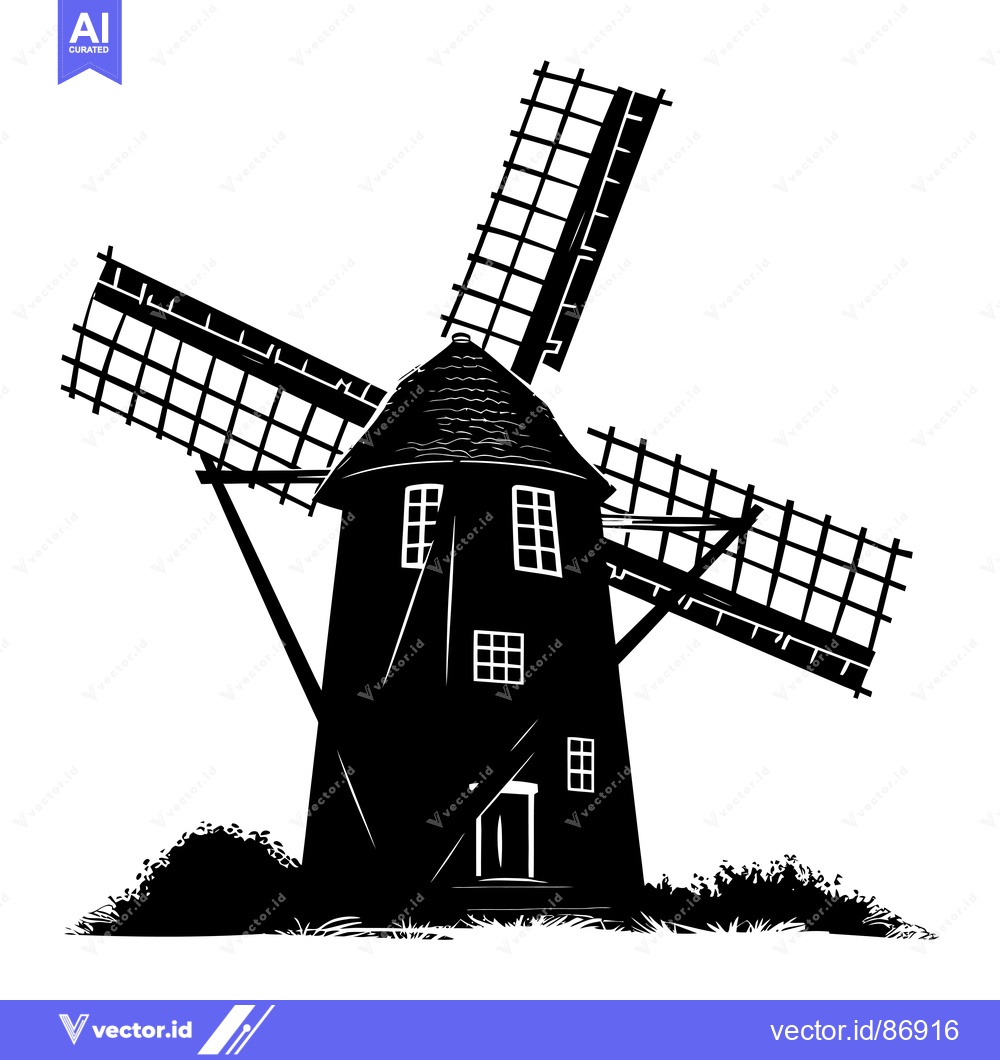 Premium Vector of A Black and White Silhouette of a Traditional Windmill