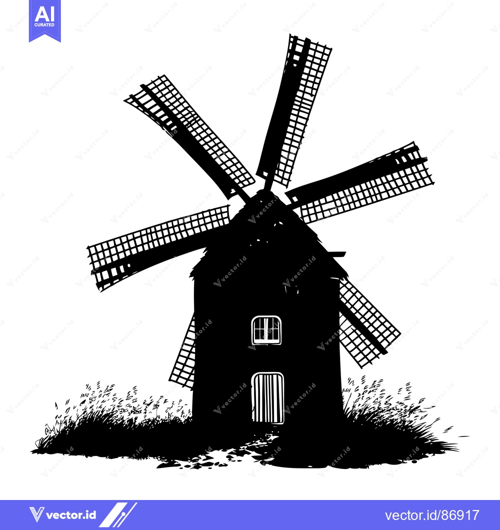 Premium Vector dari Black and White Silhouette of a Windmill with Blades