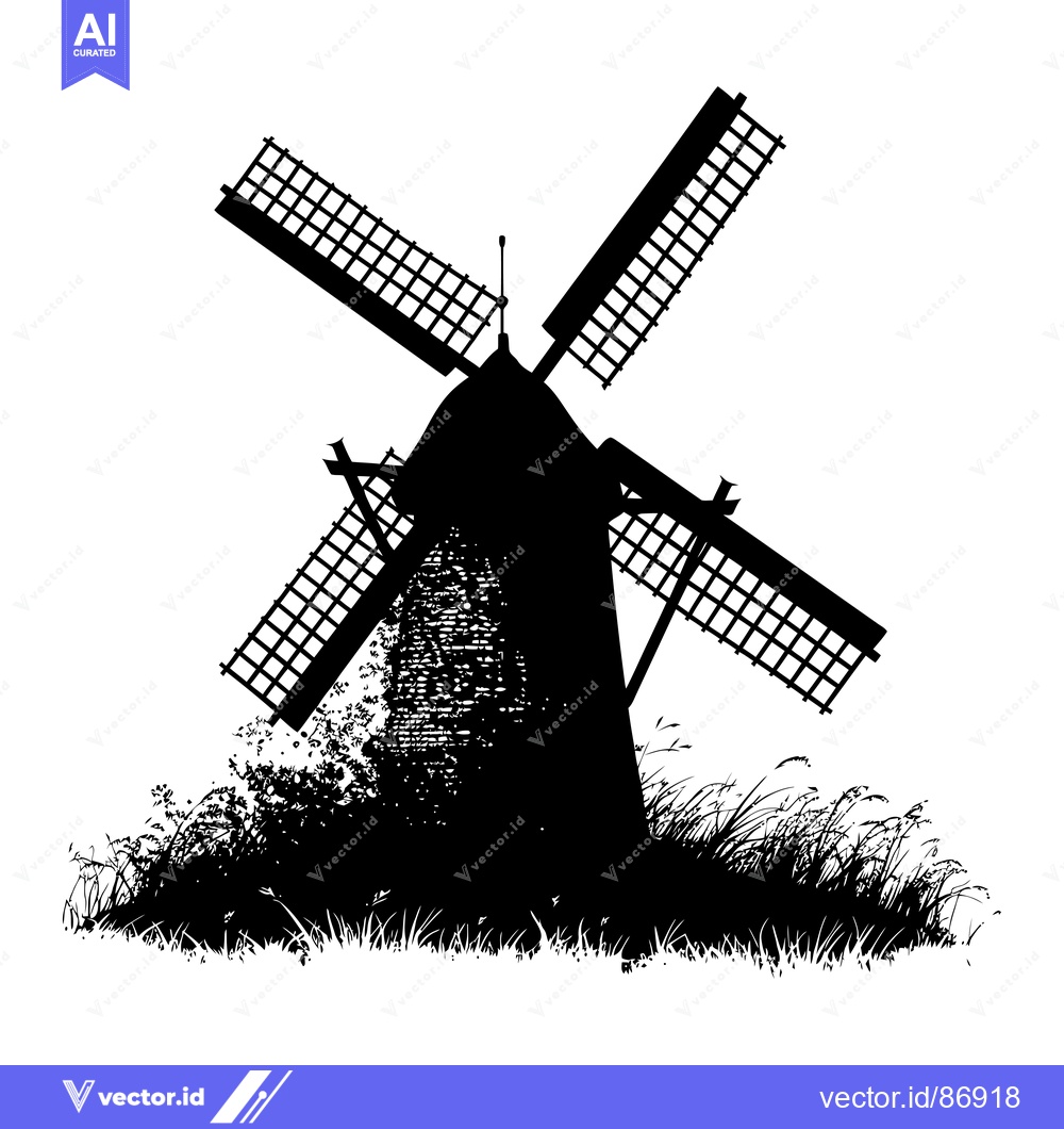 Premium Vector dari Silhouette of a Windmill in a Field of Grass