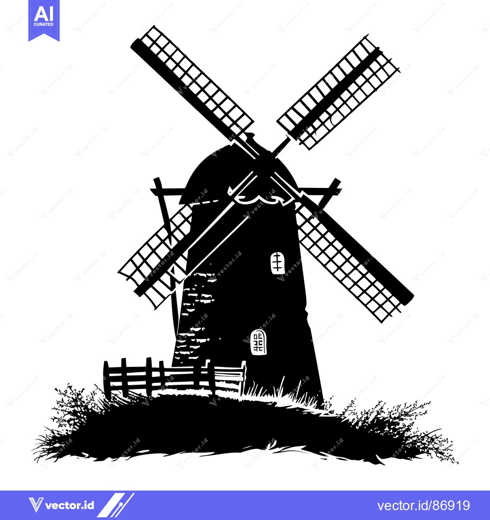 Premium Vector of Black and White Silhouette of a Windmill with a Bench and Grass