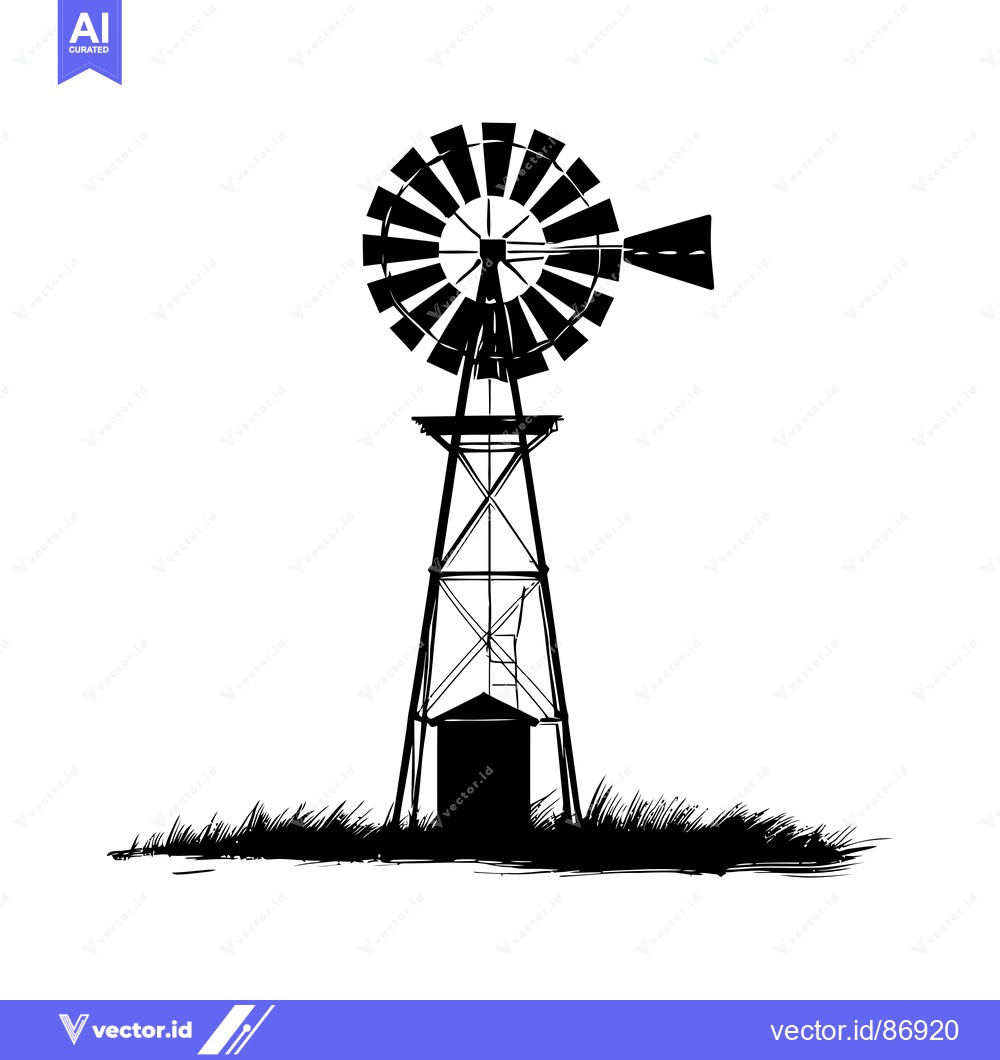 Premium Vector dari Black and White Silhouette of a Windmill in a Field