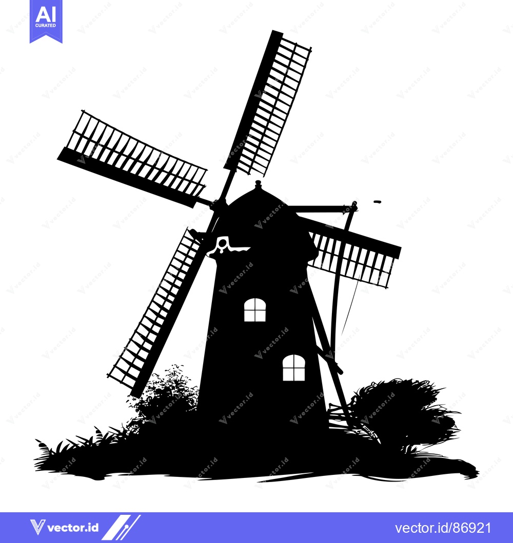 Premium Vector dari Black and White Silhouette of a Windmill with Blades and Surroundings