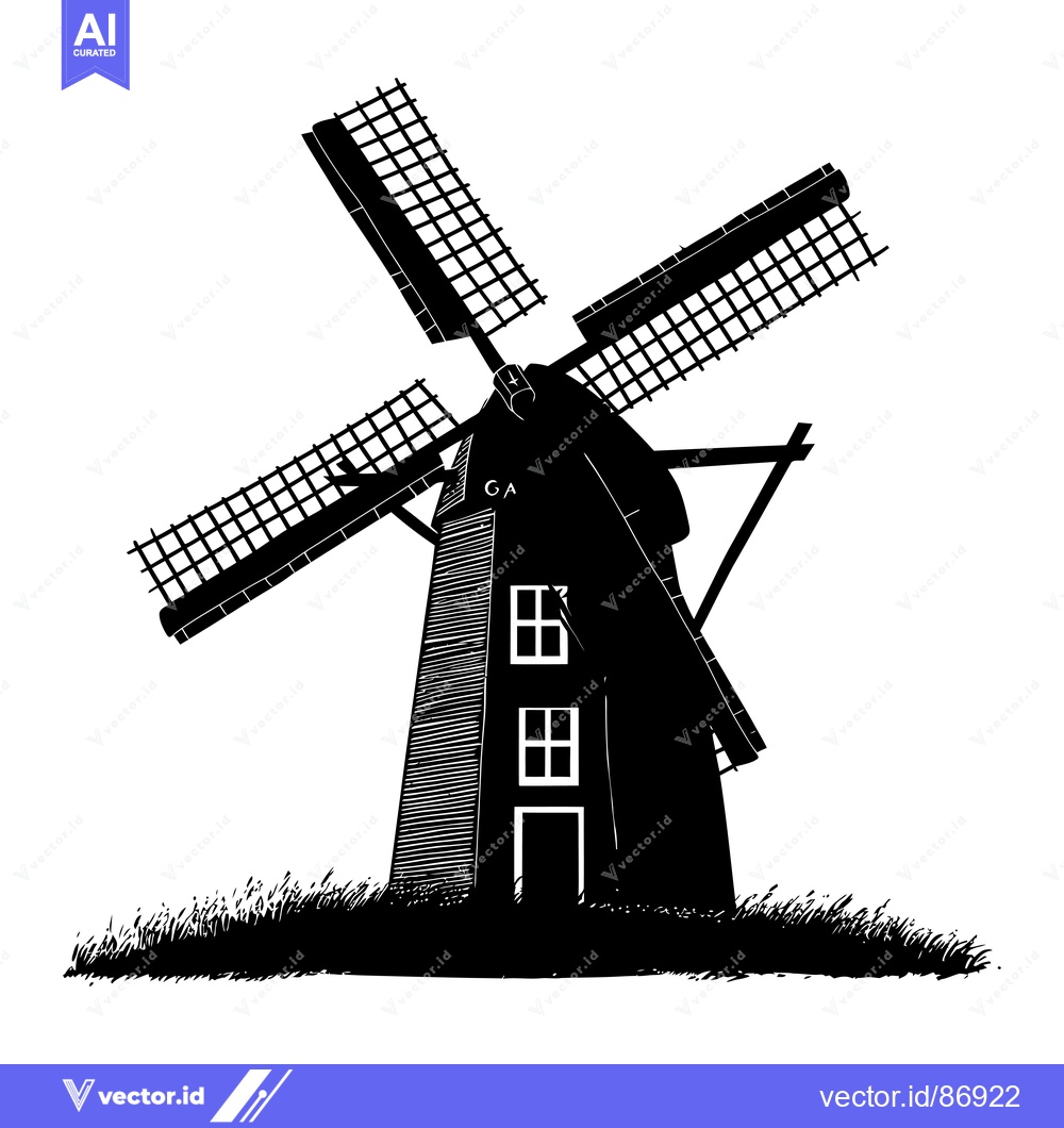 Premium Vector of Black and White Silhouette of a Traditional Windmill