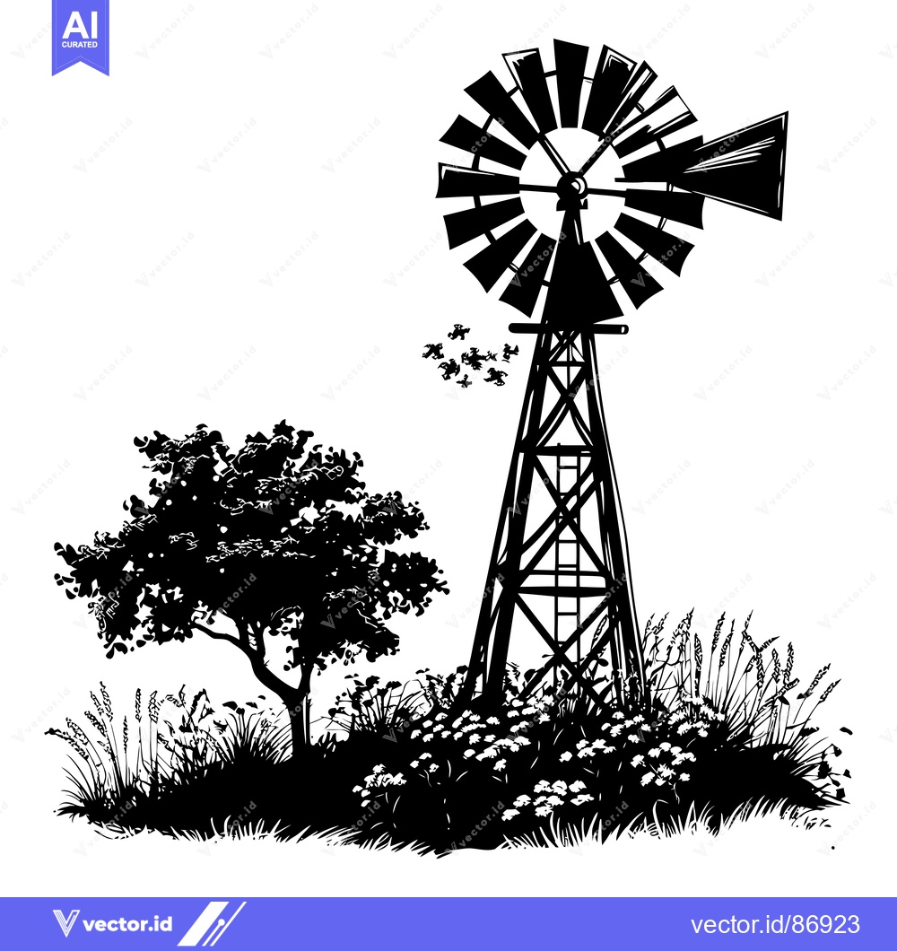 Premium Vector dari Silhouette of a Windmill with Surrounding Vegetation