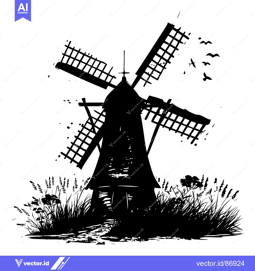 Premium Vector dari Black and White Silhouette of a Windmill with Grass and Birds