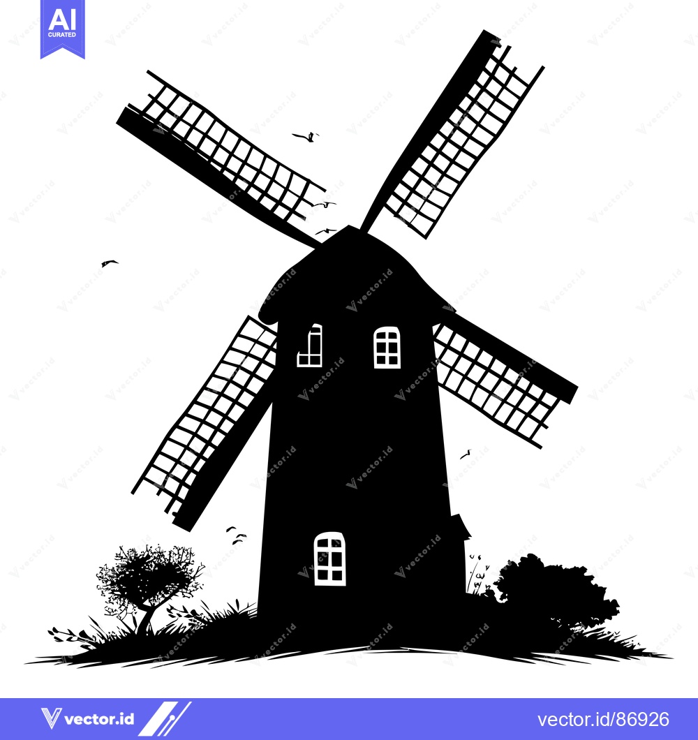 Premium Vector dari Black and White Silhouette of a Windmill in a Field