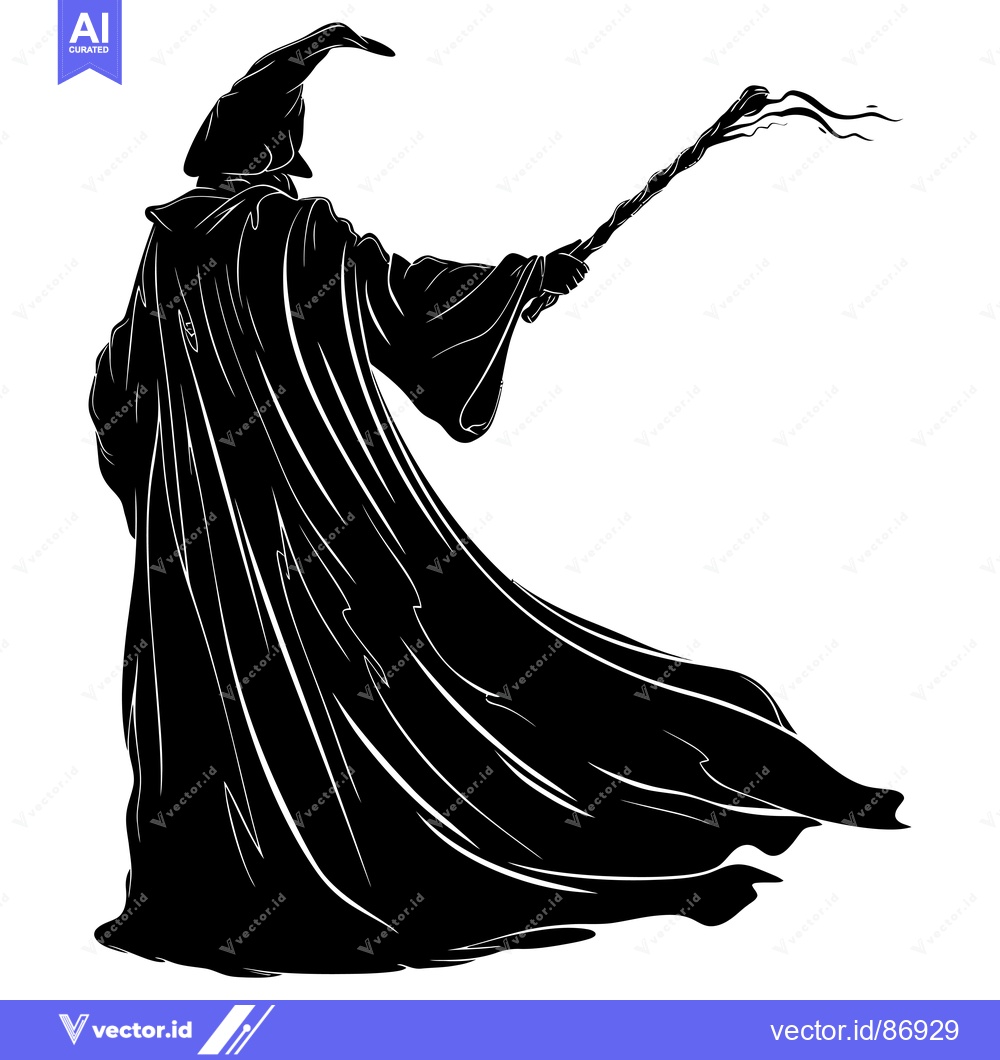 Premium Vector dari Silhouette of a Wizard Holding a Staff with a Pointed Hat and Flowing