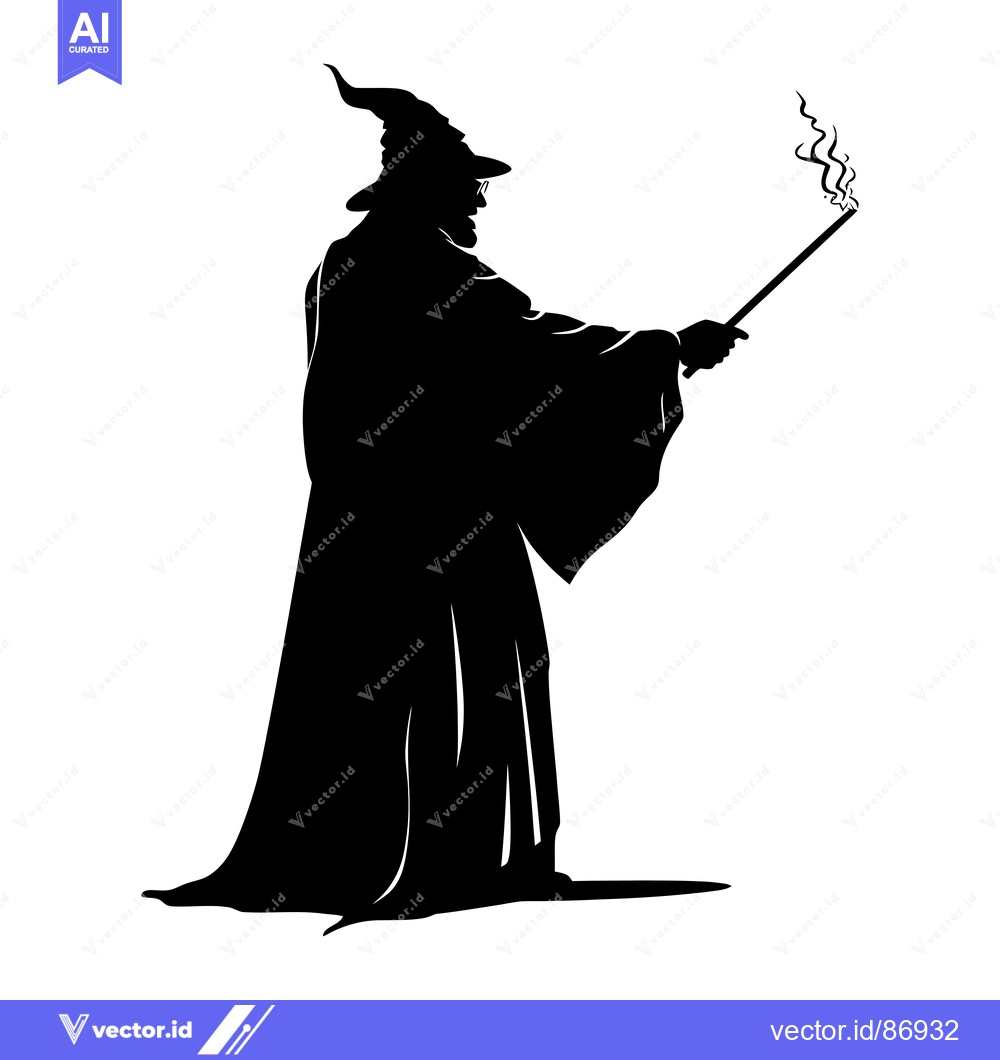 Premium Vector dari Silhouette of a Wizard Casting a Spell with a Wand