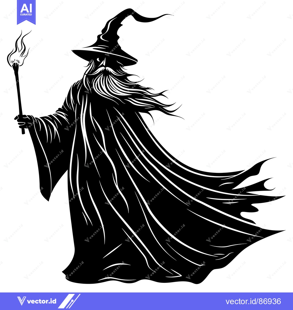 Premium Vector of Black and White Silhouette of a Wizard Holding a Torch