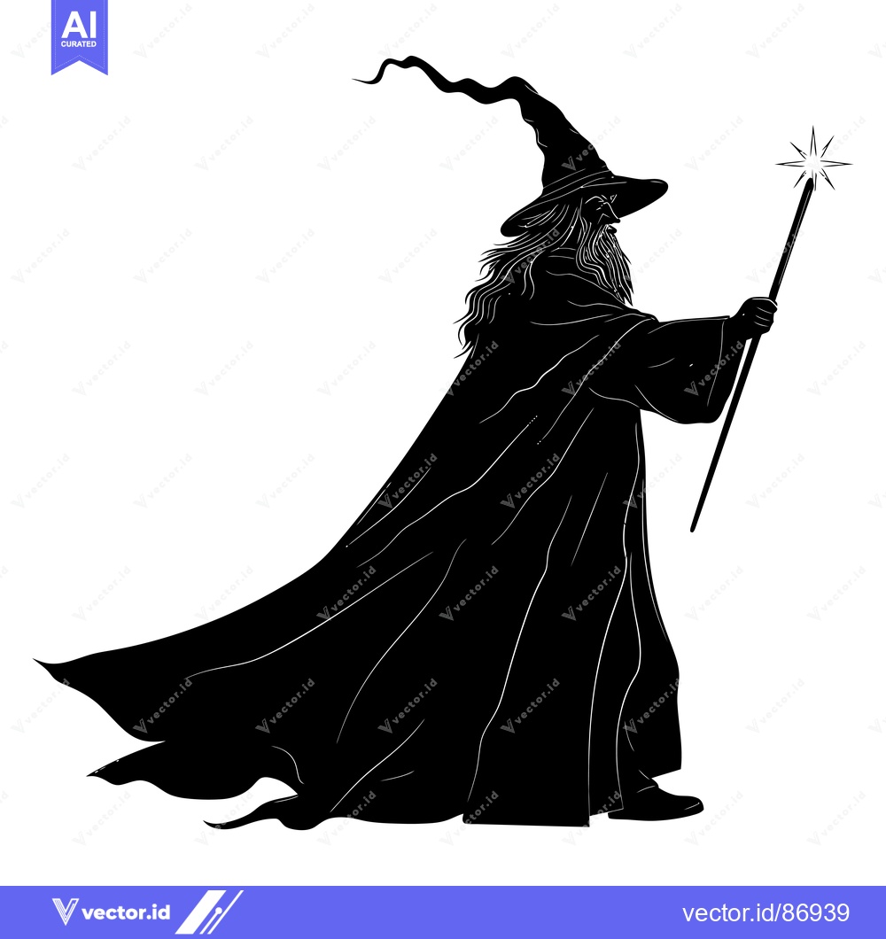 Premium Vector of Black and White Silhouette of a Wizard Holding a Staff