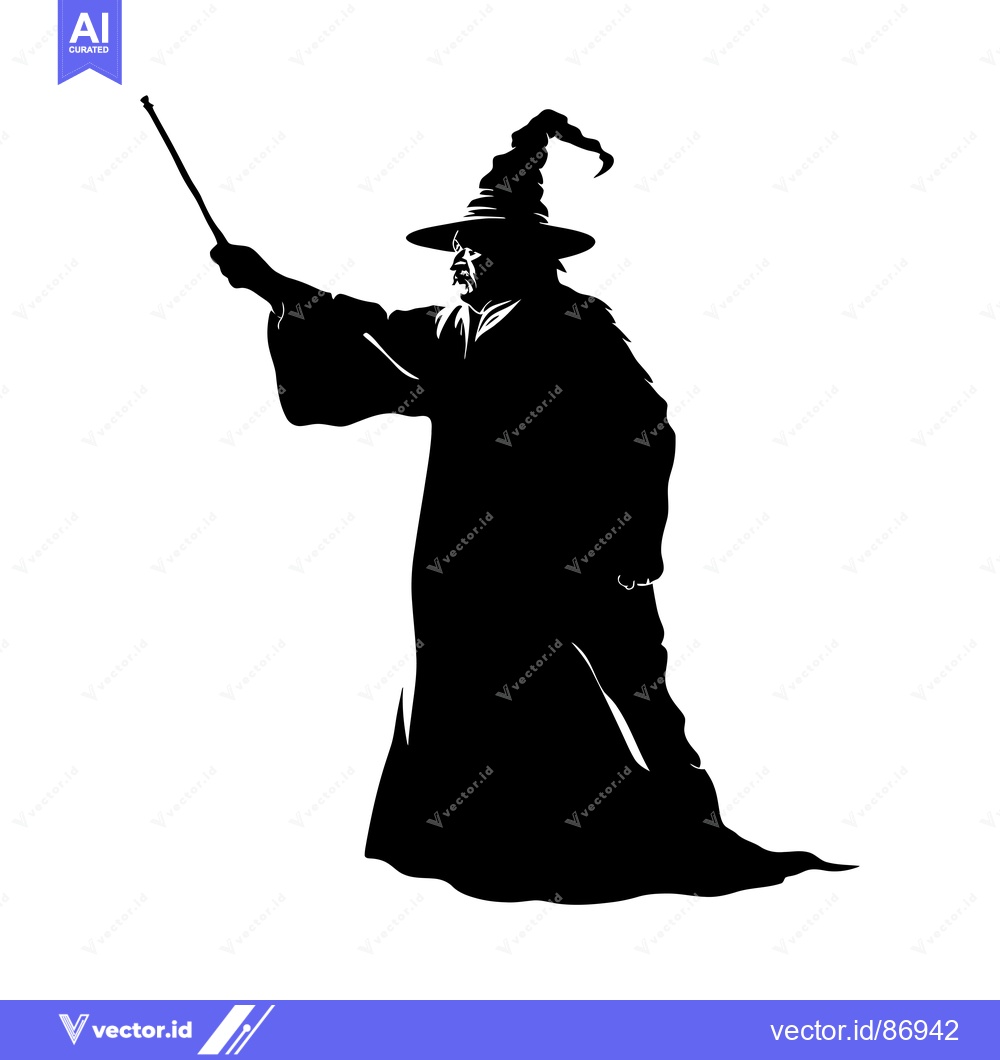 Premium Vector dari Silhouette of a Wizard Holding a Staff with Pointed Hat