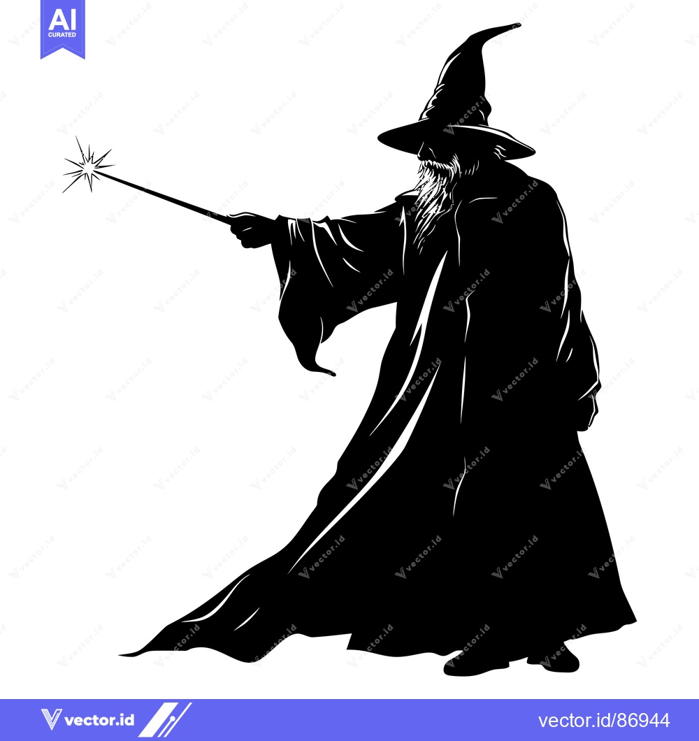 Premium Vector of A wizard in a pointed hat casting a spell with a glowing wand.