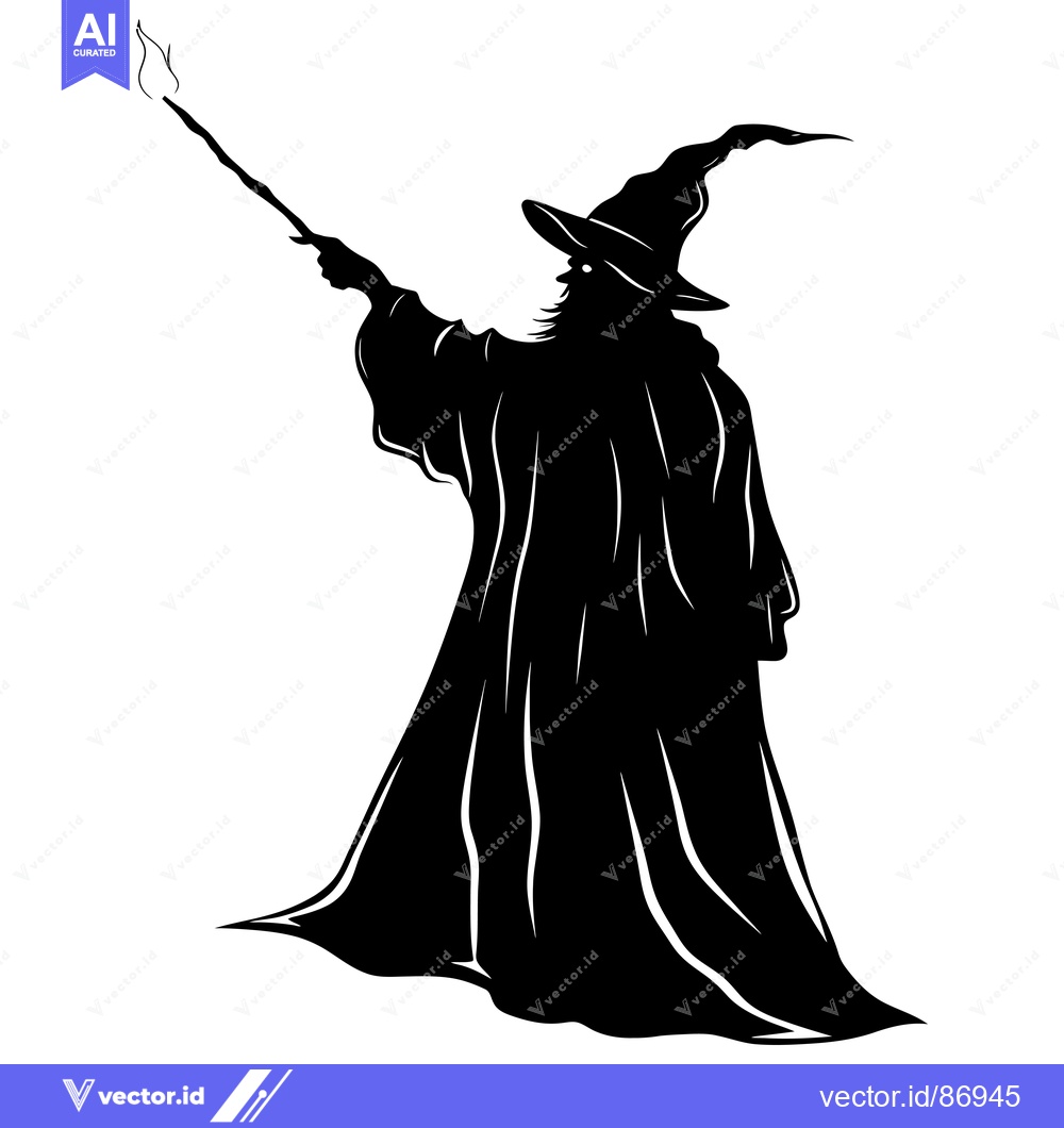 Premium Vector dari Silhouette of a Witch Casting a Spell with a Burning Wand