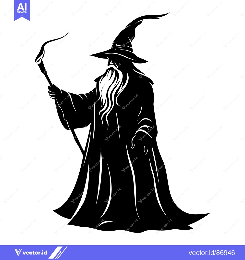 Premium Vector dari Black and White Silhouette of a Wizard Holding a Staff