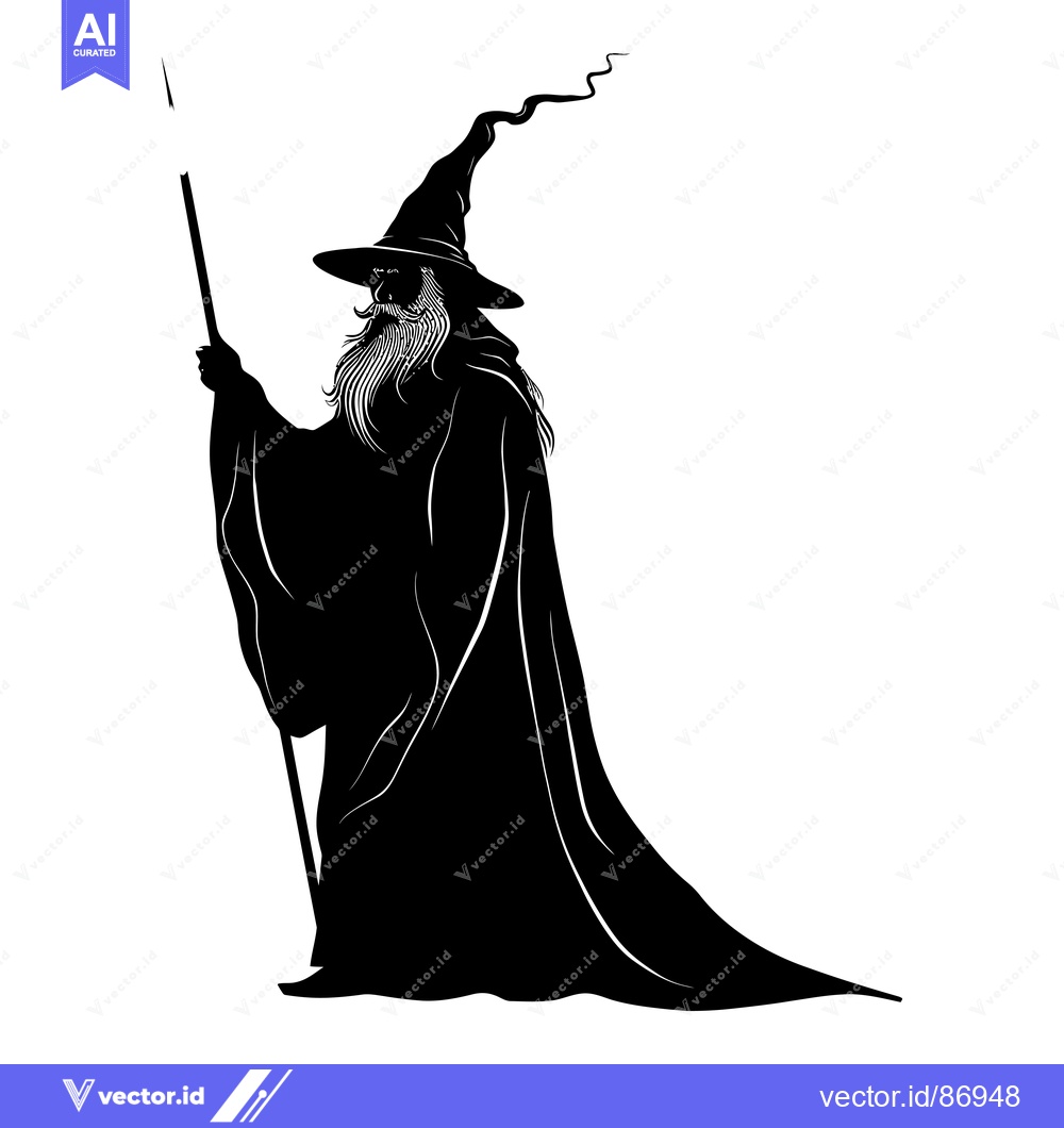 Premium Vector dari Black and White Silhouette of a Wizard Holding a Staff
