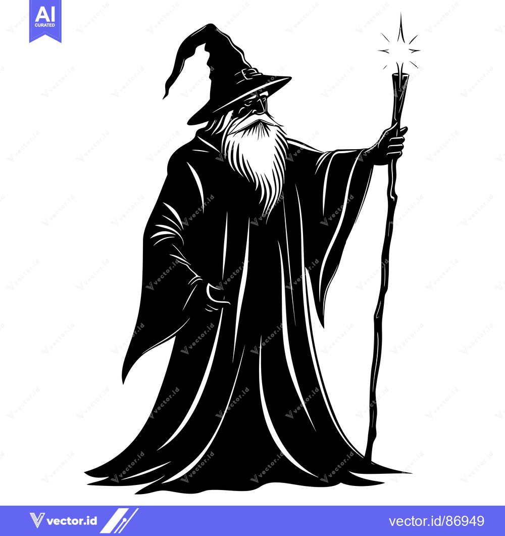 Premium Vector dari A silhouette of a wizard with a long beard and a pointed hat holding a