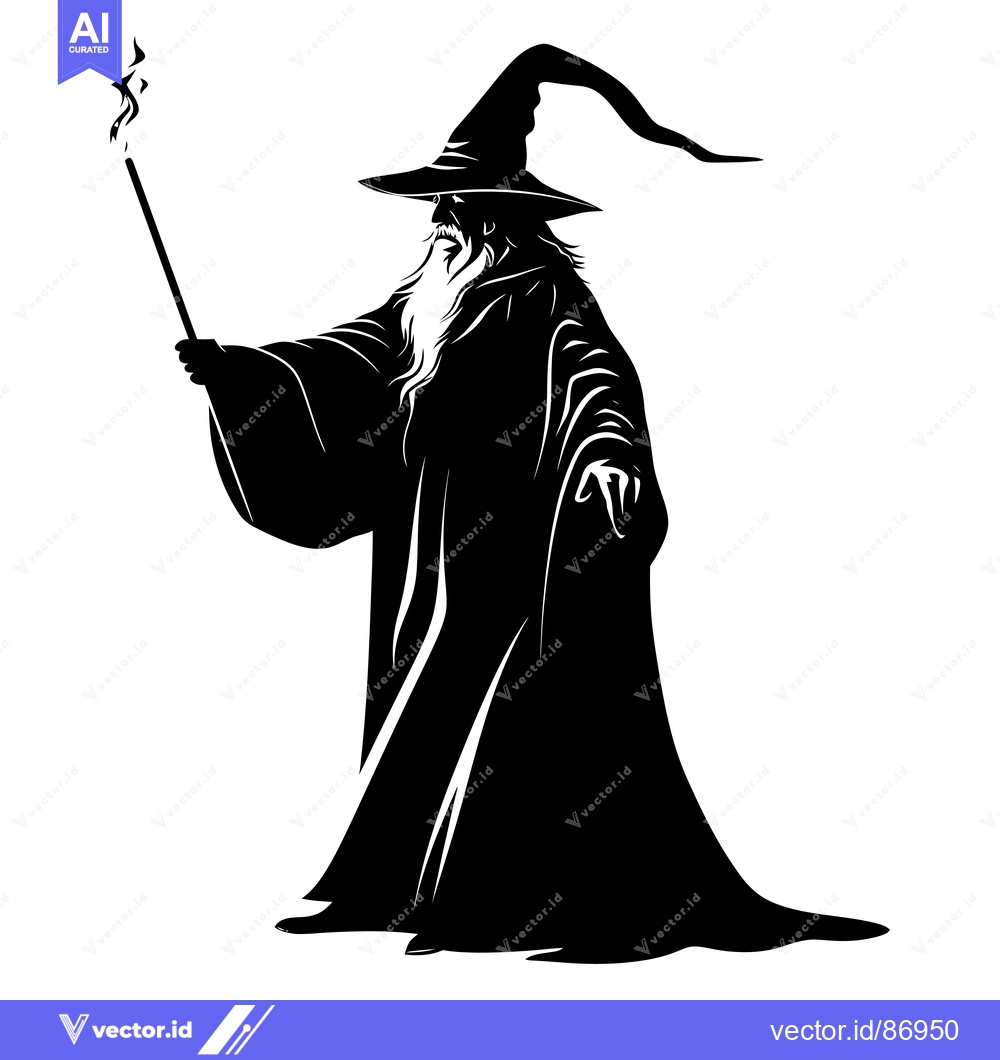 Premium Vector dari A wizard with a long beard, wearing a pointed hat, holding a staff wit