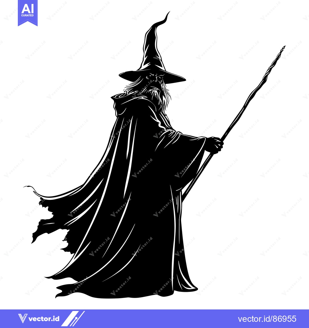 Premium Vector dari Silhouette of a Wizard Holding a Staff with a Flowing Cloak