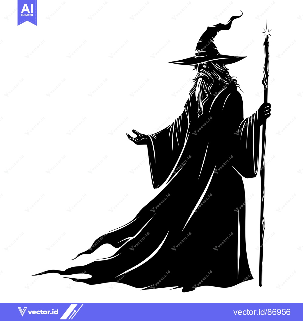 Premium Vector dari Black and White Silhouette of a Wizard Holding a Staff