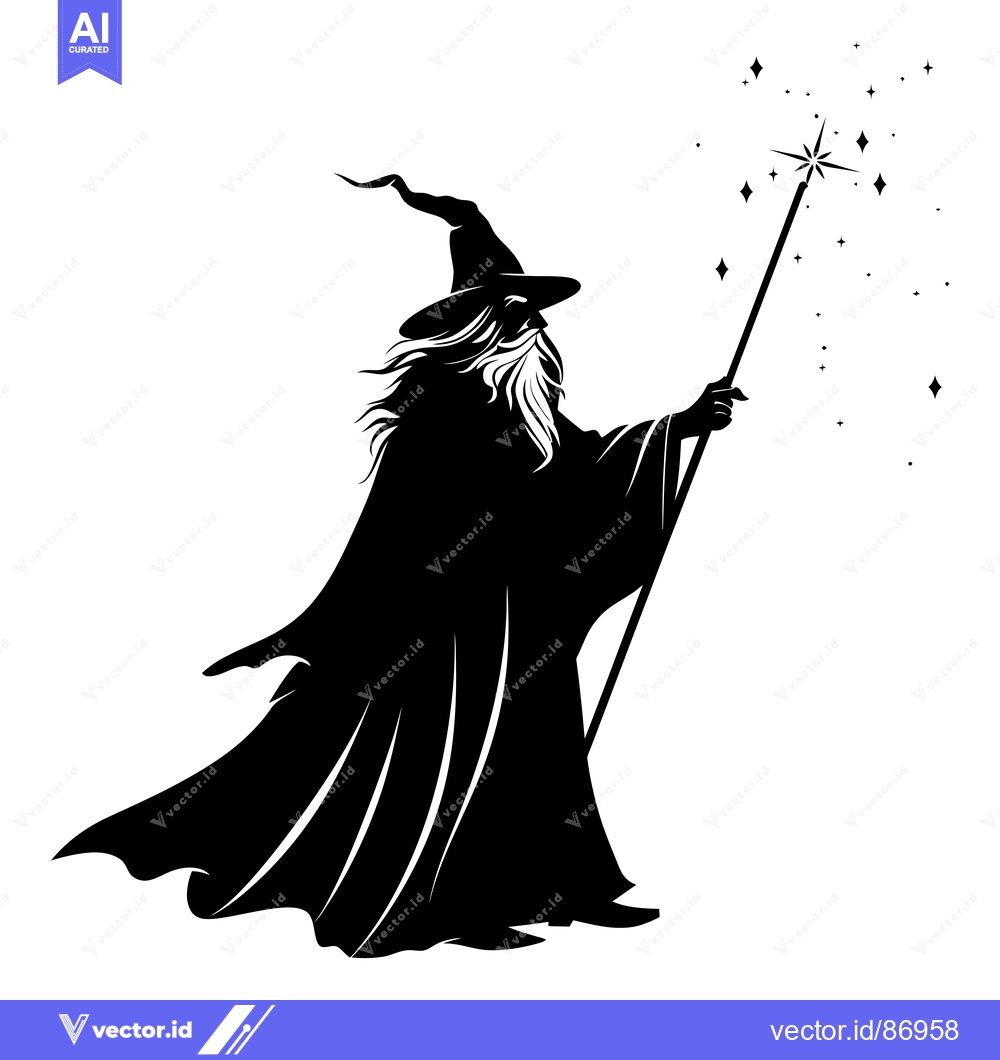 Premium Vector dari Silhouette of a Wizard Casting a Spell with a Wand