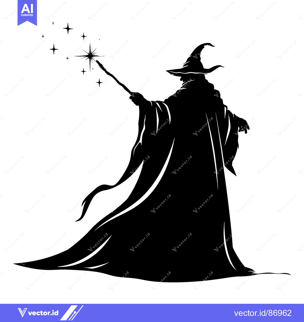 Premium Vector dari Silhouette of a wizard casting a spell with a wand and stars