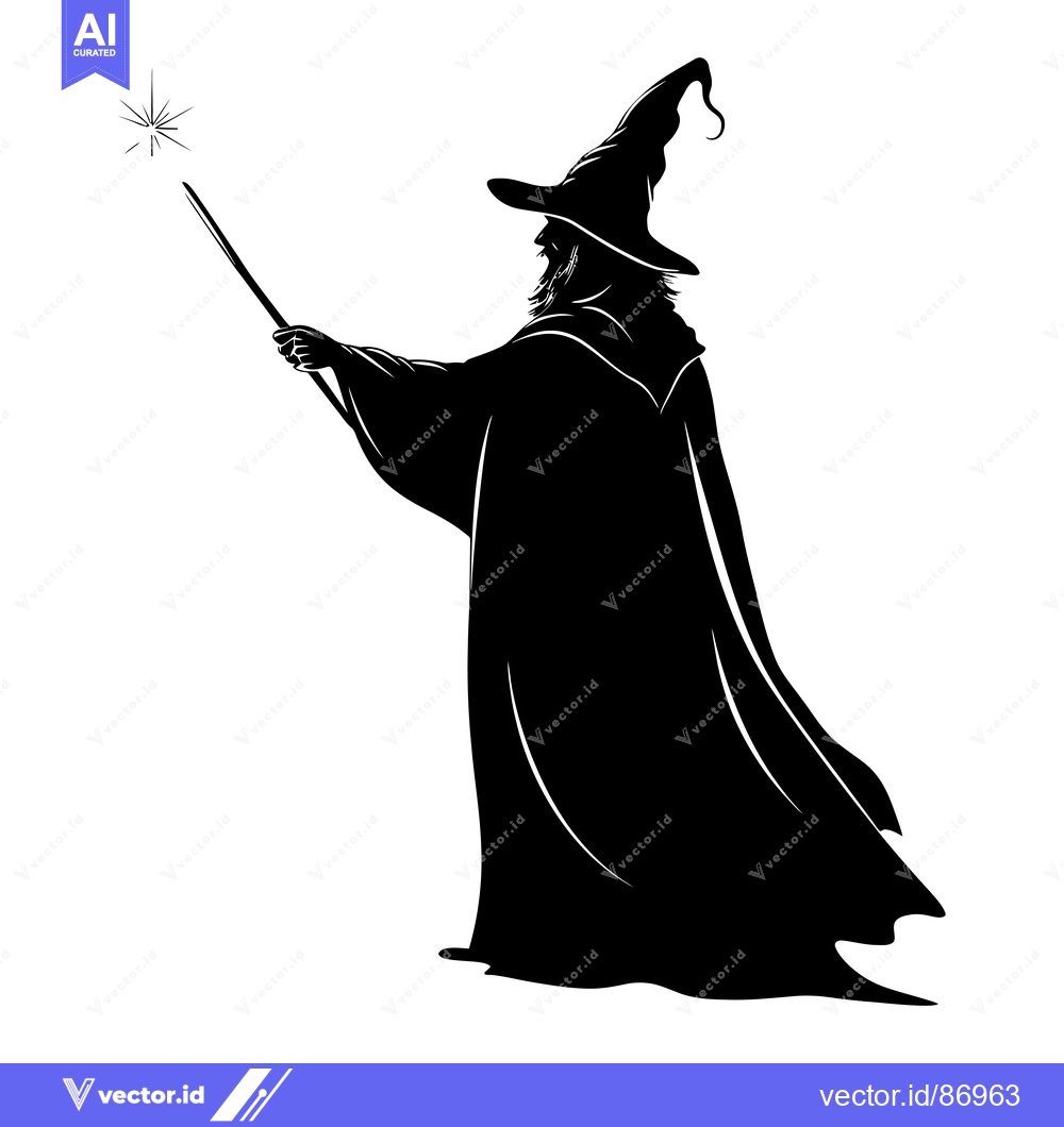 Premium Vector dari A Black Silhouette of a Wizard Casting a Spell with a Wand