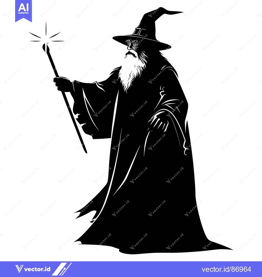 Premium Vector dari Black and white illustration of a wizard holding a staff with a glowin