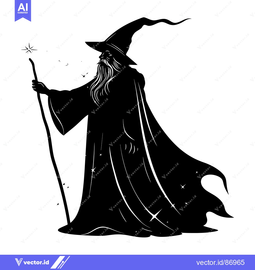 Premium Vector of Silhouette of a Wizard with a Staff and Pointy Hat