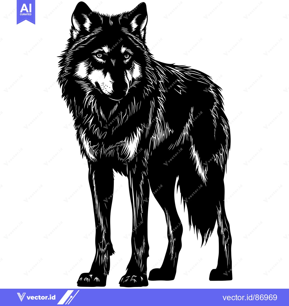 Premium Vector dari Black and White Silhouette of a Wolf Standing