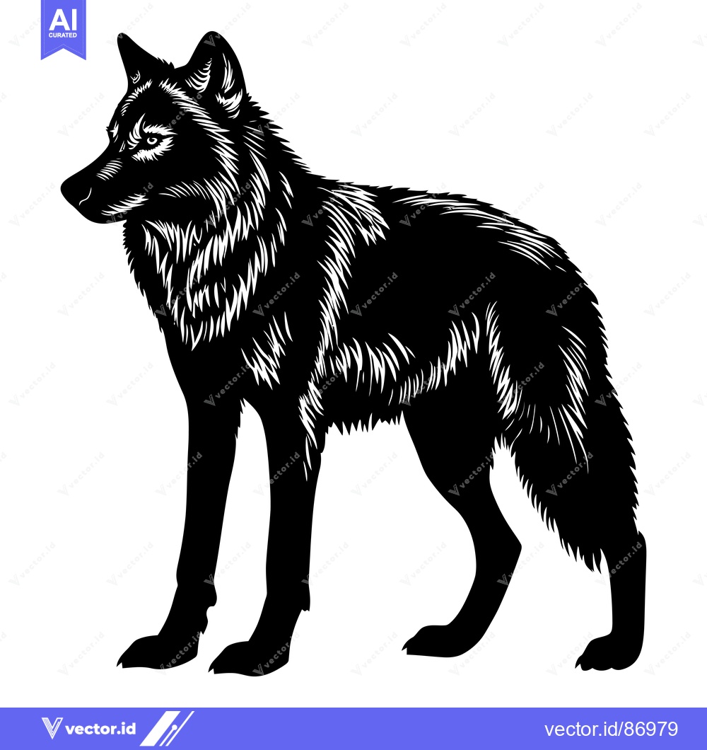 Premium Vector dari Black and White Silhouette of a Wolf Standing