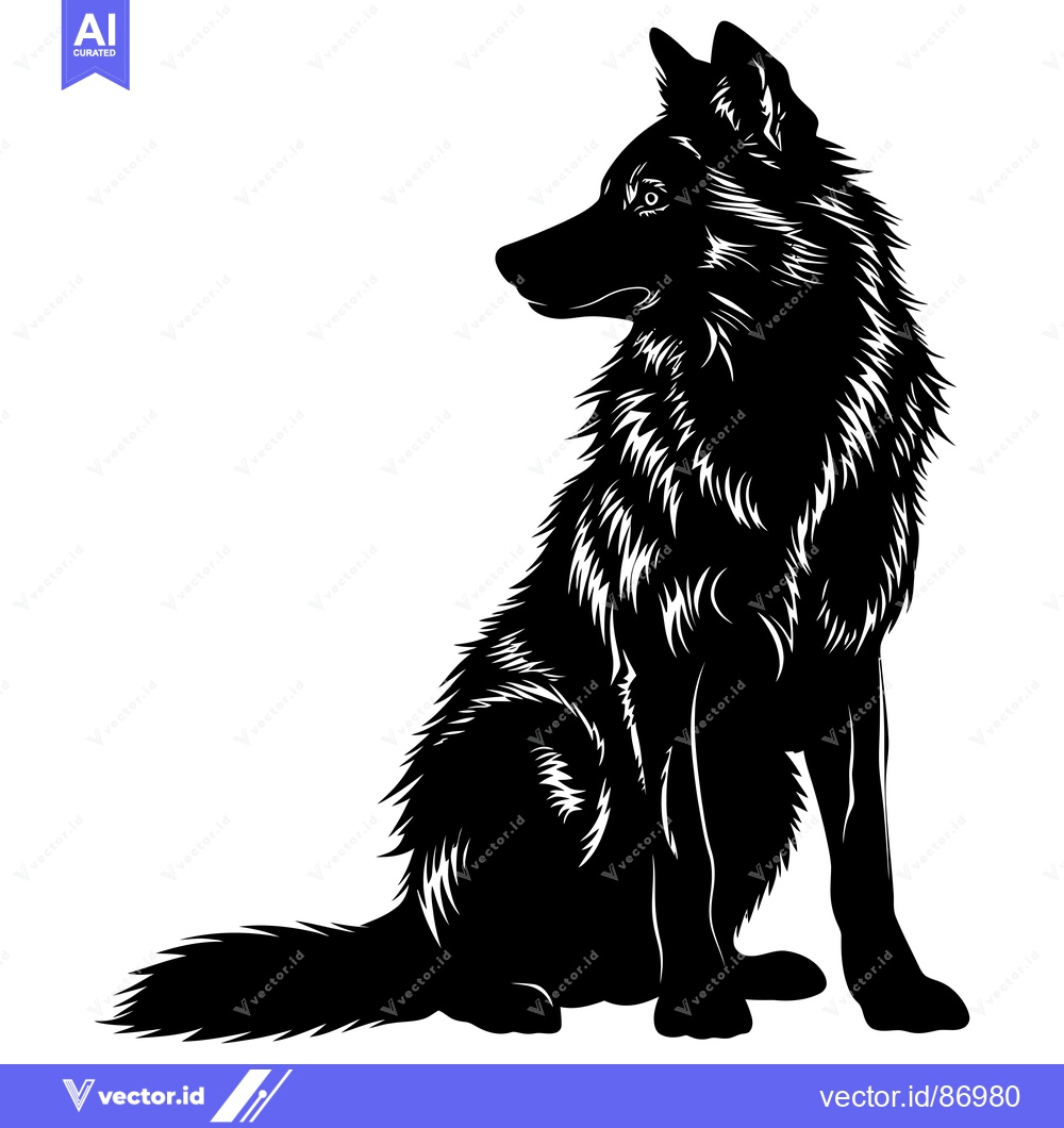 Premium Vector of Black and White Silhouette of a Sitting Wolf