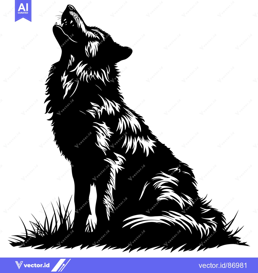 Premium Vector dari A Black and White Silhouette of a Wolf Howling in Grass