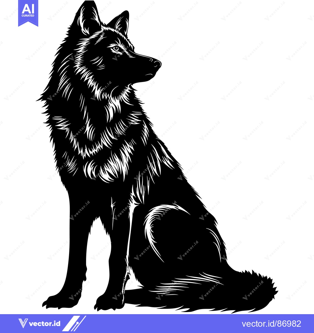 Premium Vector dari A Black and White Silhouette of a Wolf Sitting and Looking to the Righ