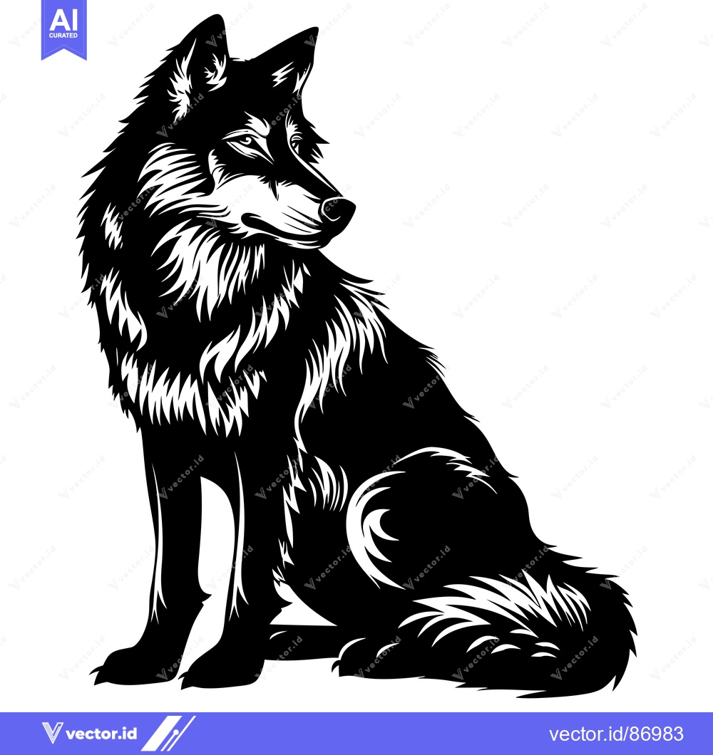 Premium Vector dari A black and white illustration of a wolf sitting with its head turned