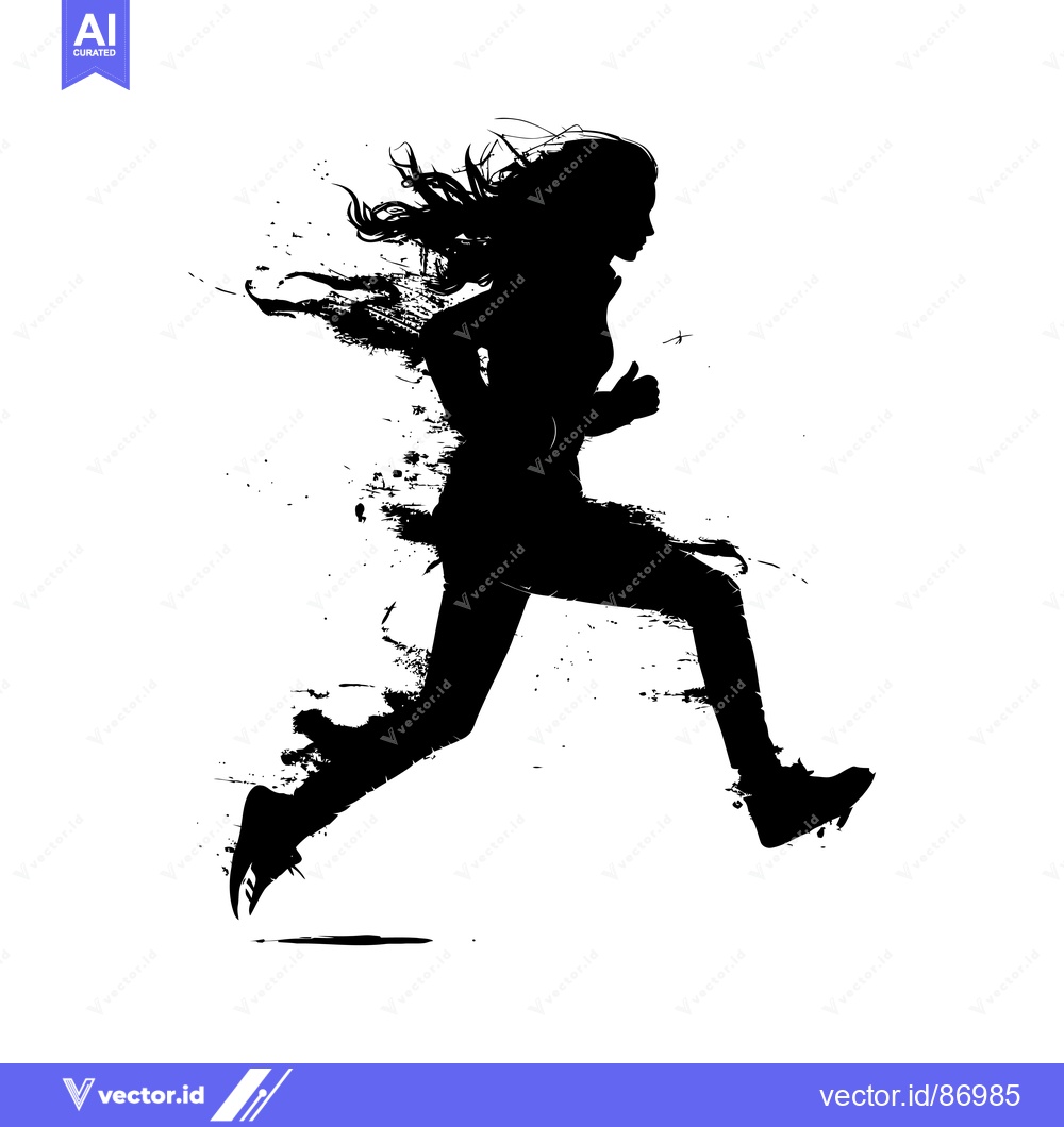 Premium Vector of Silhouette of a Woman Running with Windblown Hair and Ink Splashes