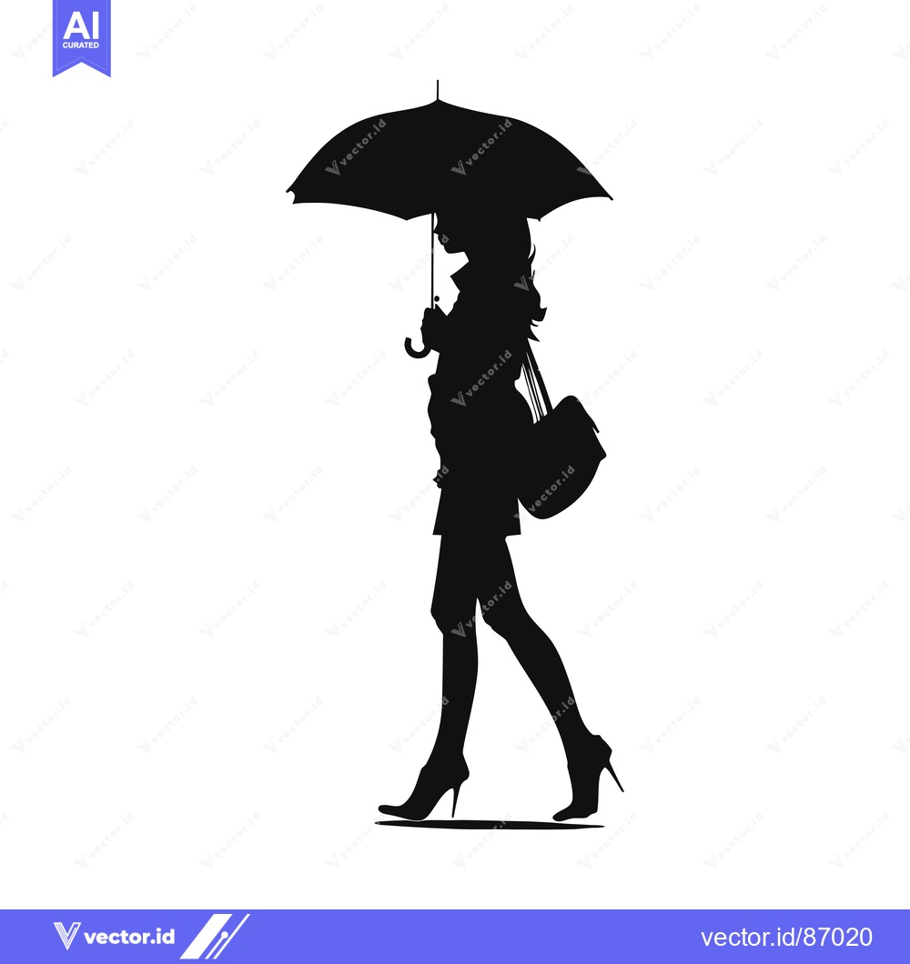 Premium Vector of Silhouette of a Woman Walking with an Umbrella and a Bag