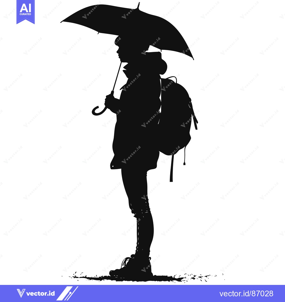 Premium Vector of Silhouette of a Person Holding an Umbrella and Carrying a Backpack