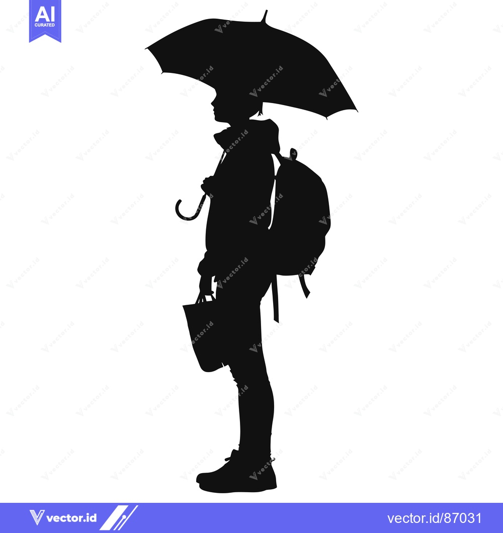 Premium Vector dari Silhouette of a person holding an umbrella, a backpack, and a bag